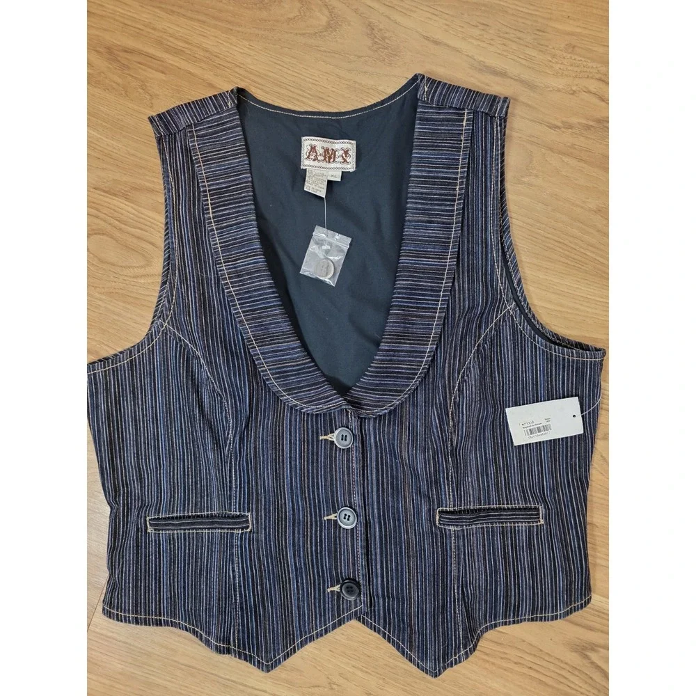 AMX Denim Vest Button Up XL Scoop Neck Cinch Back NWT - Picture 7 of 10